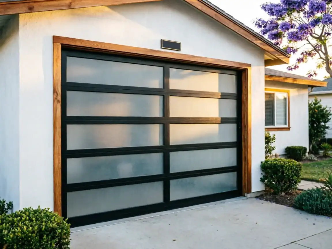 A modern garage door with frosted glass panels is set in a white house.