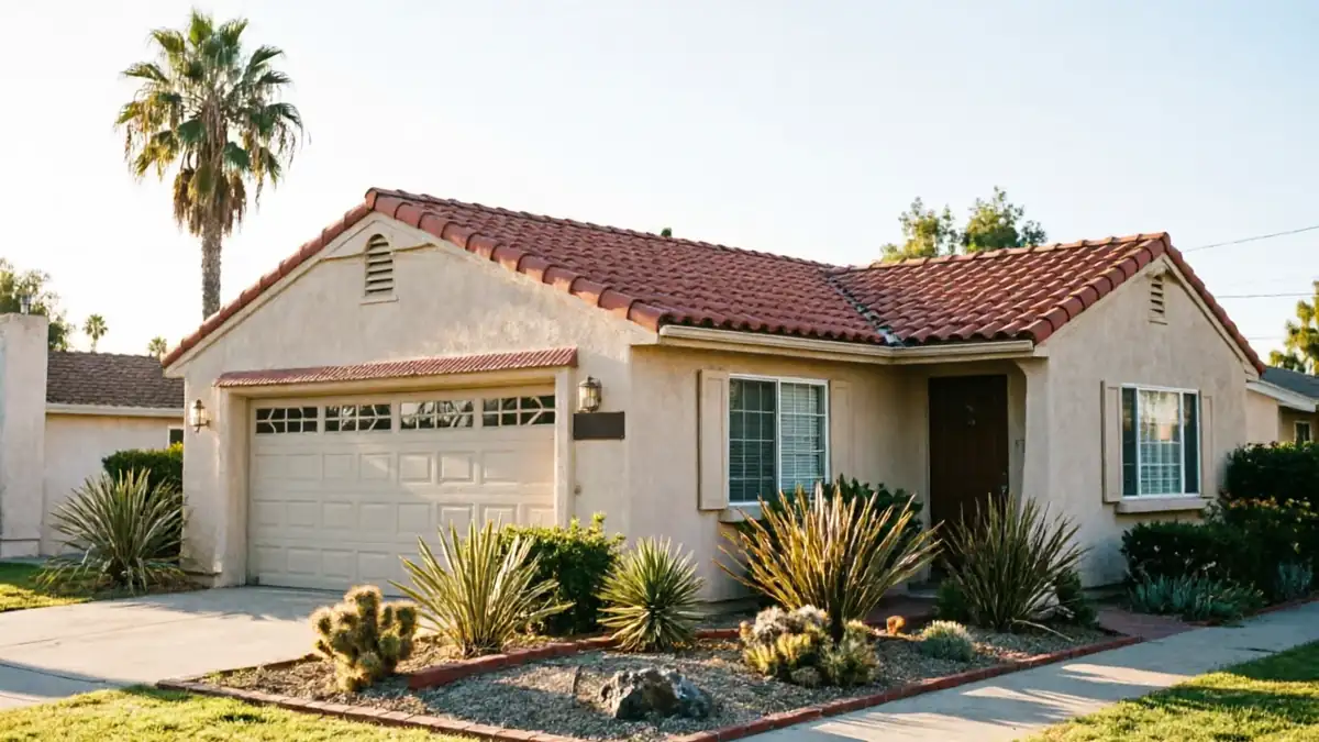 A beige house with a red tile roof and a tan garage door.