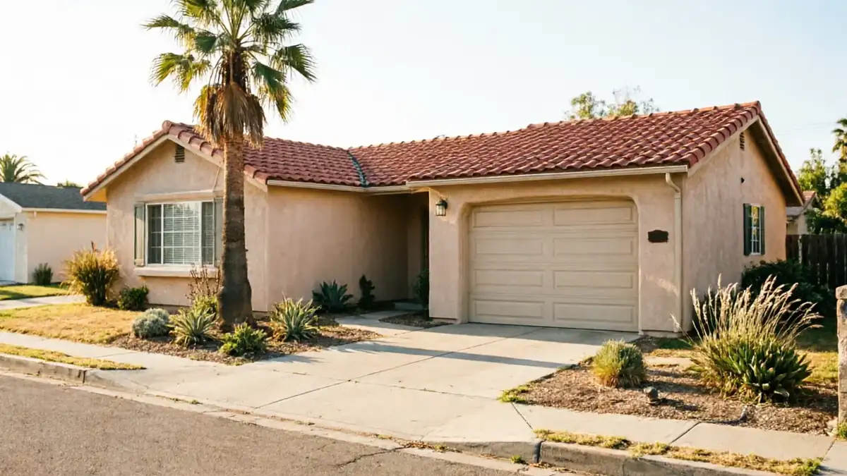 A beige house with a red tile roof and a beige garage door.