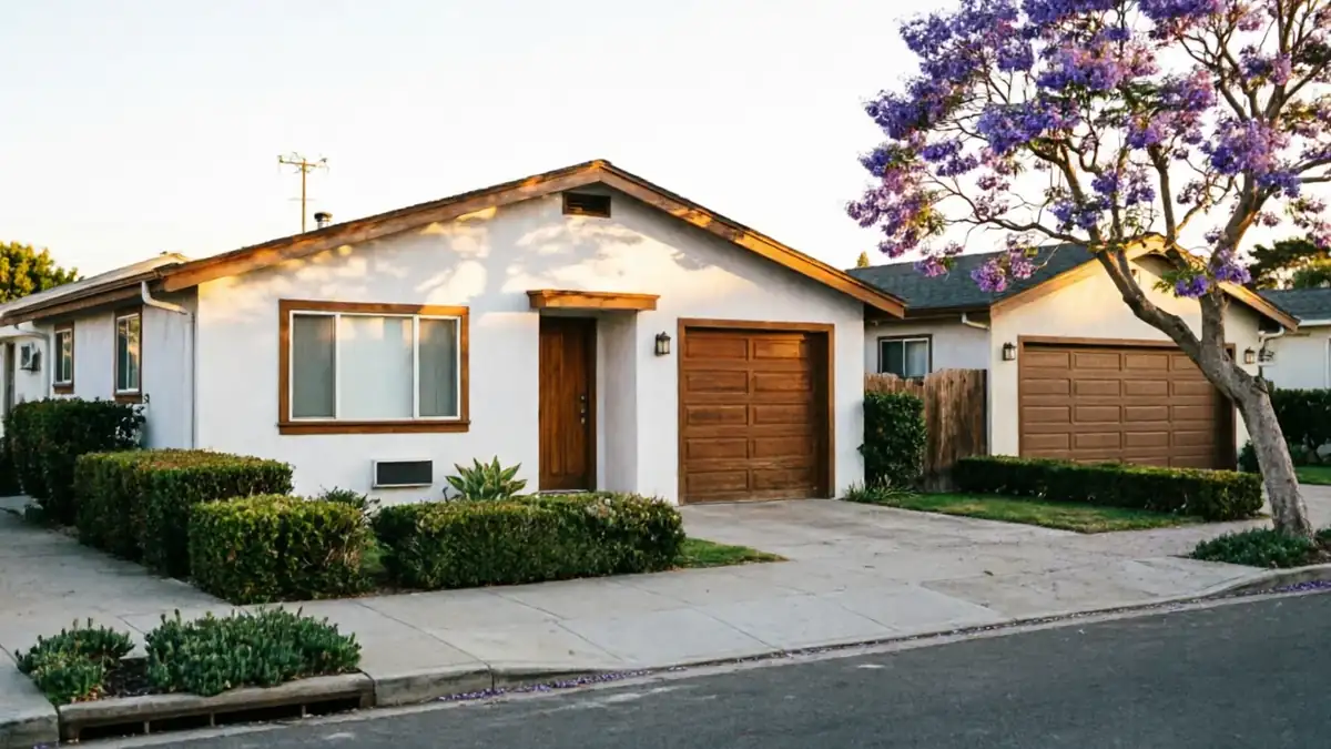 A white house with a brown garage door and a purple flowering tree.
