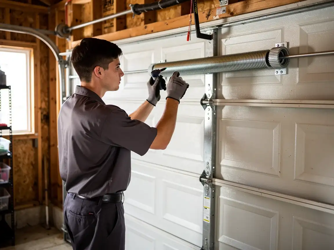 A technician in a gray uniform is adjusting a garage door torsion spring.