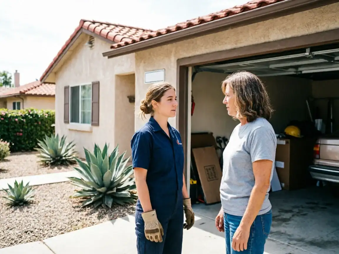 A technician in a blue uniform talks to a woman in front of a garage.