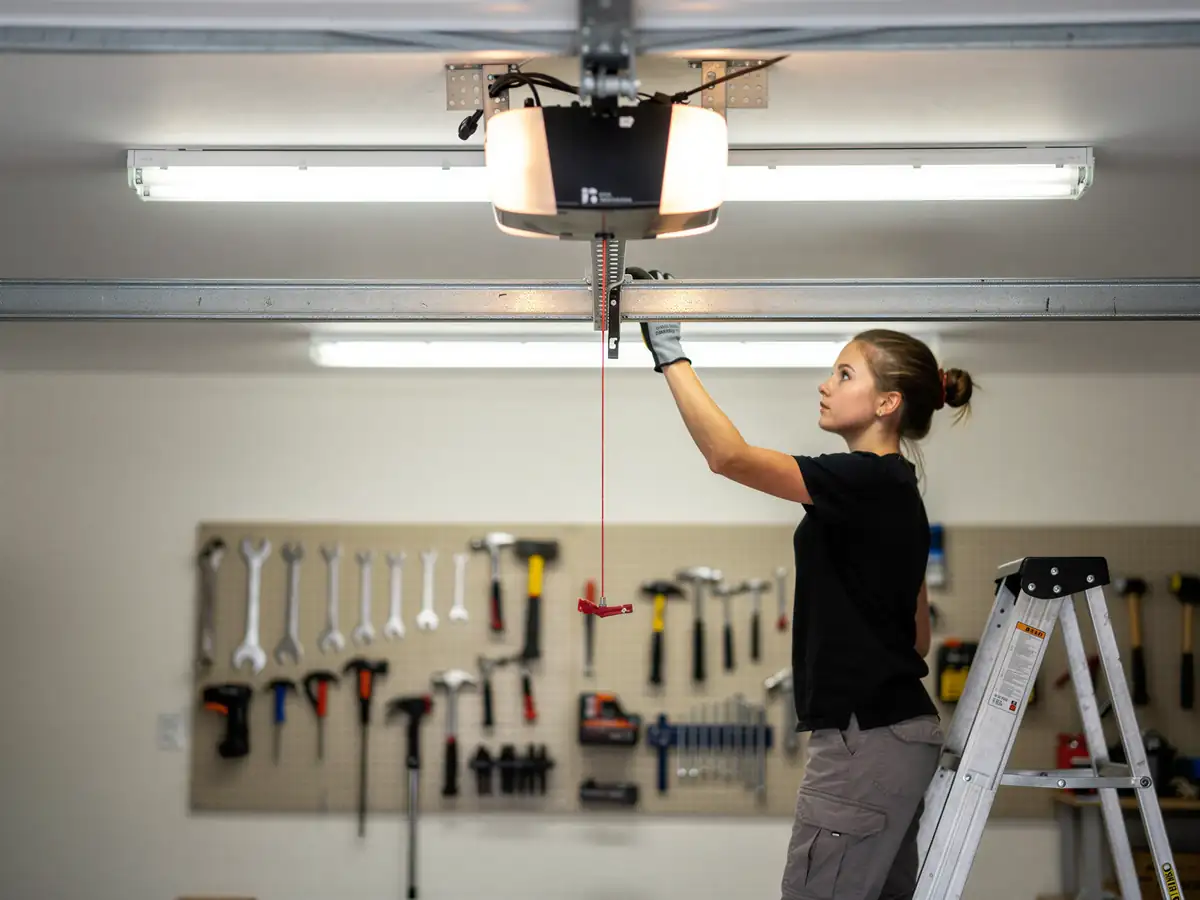 A technician on a ladder adjusts a garage door opener.