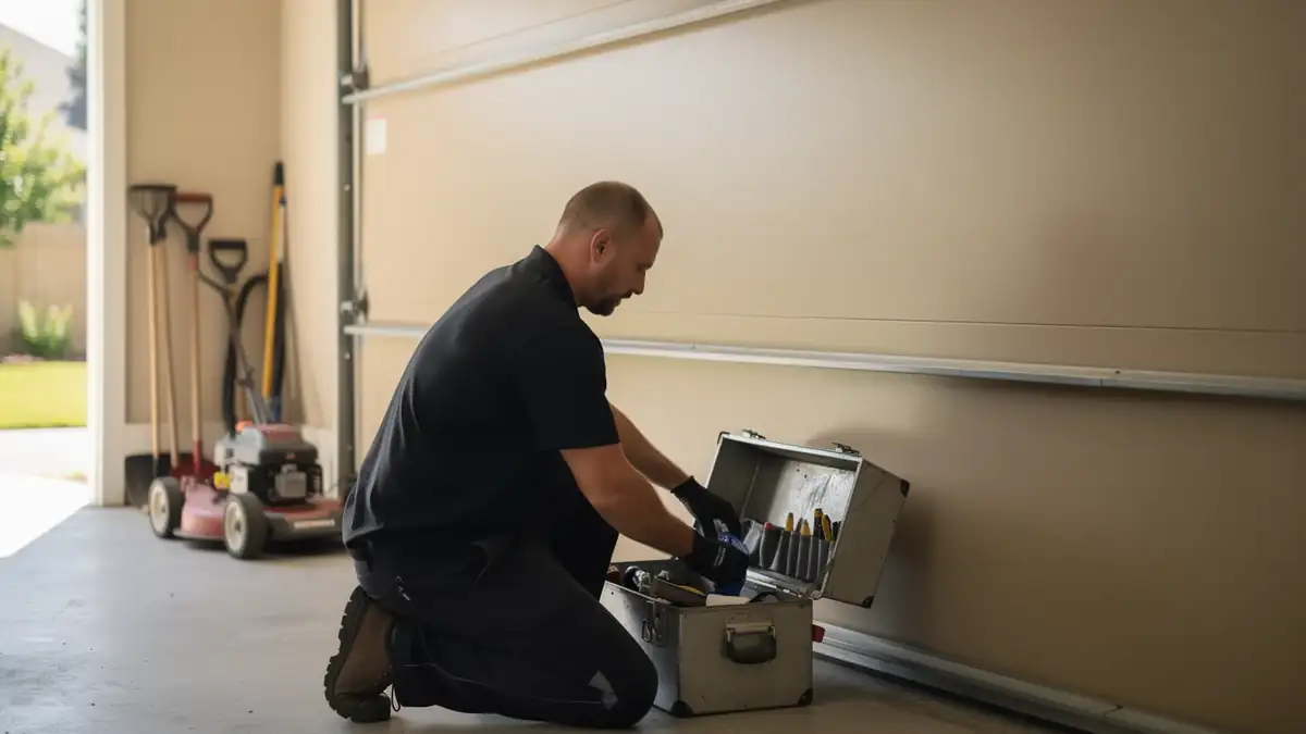 A technician kneels on a garage floor, reaching into an open toolbox.